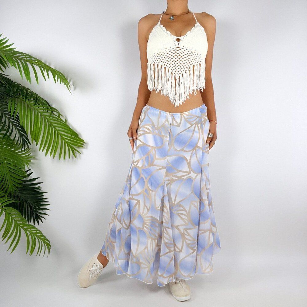 Vintage Y2K Ruby Rd. Blue Floral Boho Fairycore Hippie Low Rise Midi Skirt / 12
